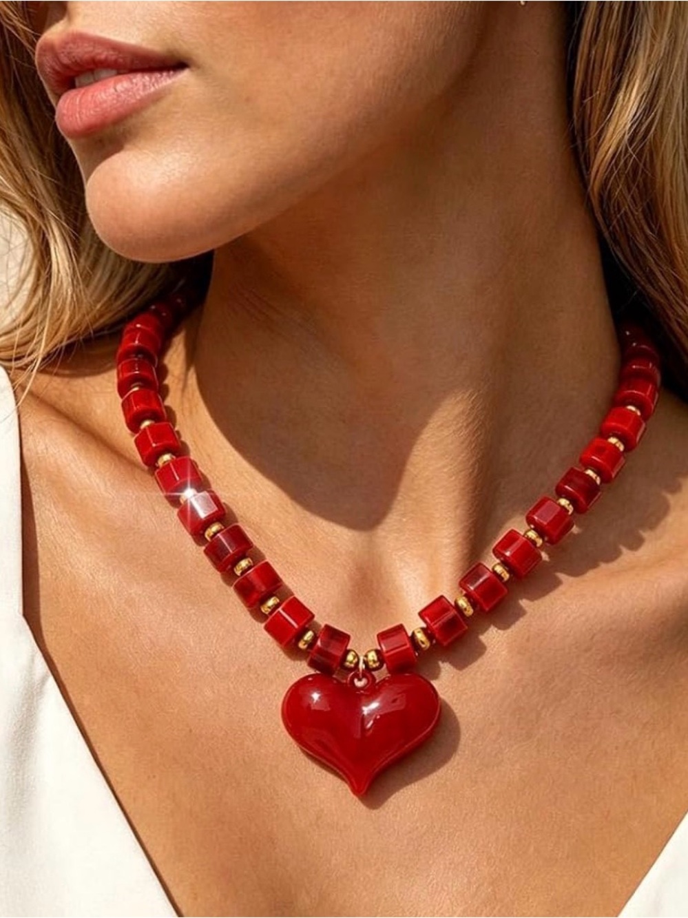 NEW Red Heart Bead Necklace - Women Jewelry
